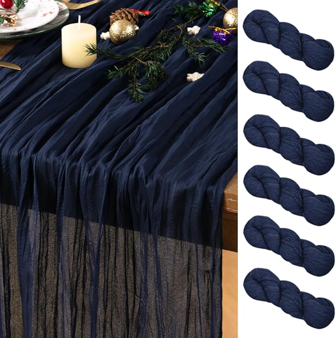 Navy Blue Cheesecloth Table Runner 6 Pack Christmas Table Runners Boho Gauze 120 Inches Navy Cheese Cloth Table Decor for Xmas Holiday Season Parties Wedding Bridal Baby Shower