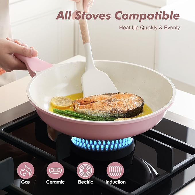 SENSARTE Nonstick Ceramic Frying Pan 9.5-Inch, Healthy Non Toxic Skillet, Induction Compatible Omelet Pan with Heat Resistant Handle, PFAS-Free, Sakura Pink