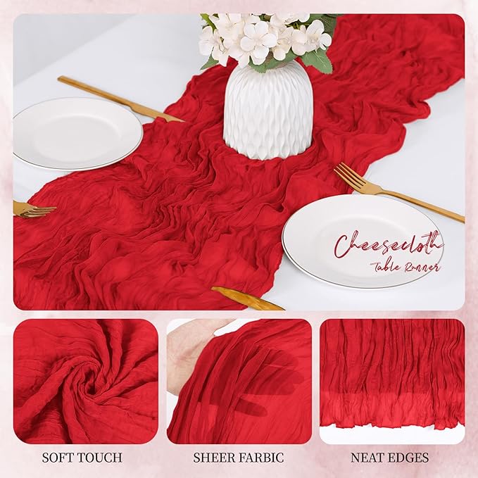 12 Pack Red Cheesecloth Table Runner 17x108 Inch Semi Sheer Boho Gauze Cheese Cloth Fabric Table Runners, for Wedding Party Baby Shower Birthday Home Decor Garden Farmhouse