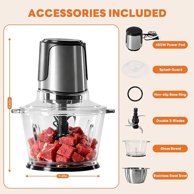 OLIXIS Electric Food Processor, 450W Meat Grinder & Vegetable Chopper with 2 Bowels for Home Use, Food Chopper with Double S-Blades for Vegetable, Onion, Garlic, Meat, Nuts
