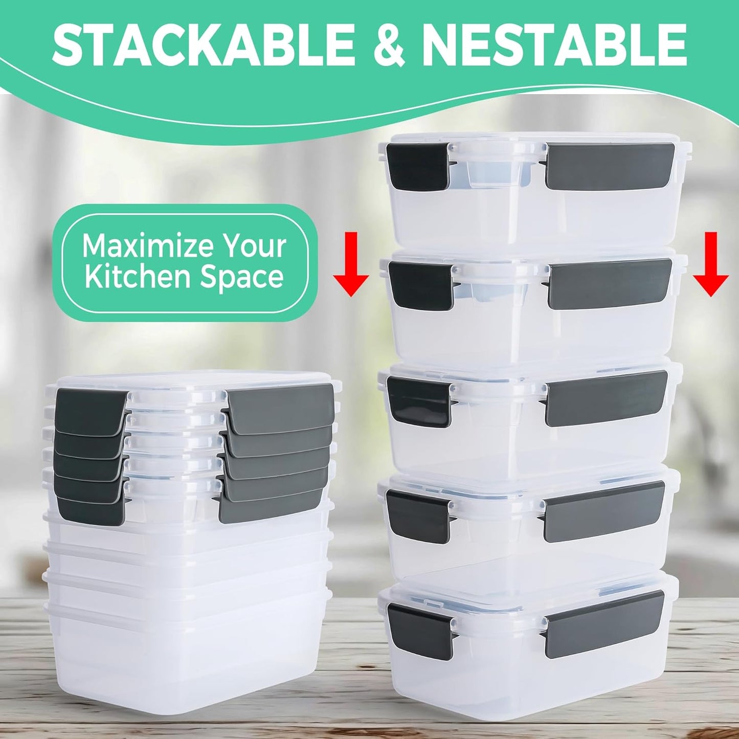 YORY 9 cup Plastic Food Storage Containers with Lids Nestable Freezer Dishwasher Safe Rectangle Meal Prep Container Set,5-Pack