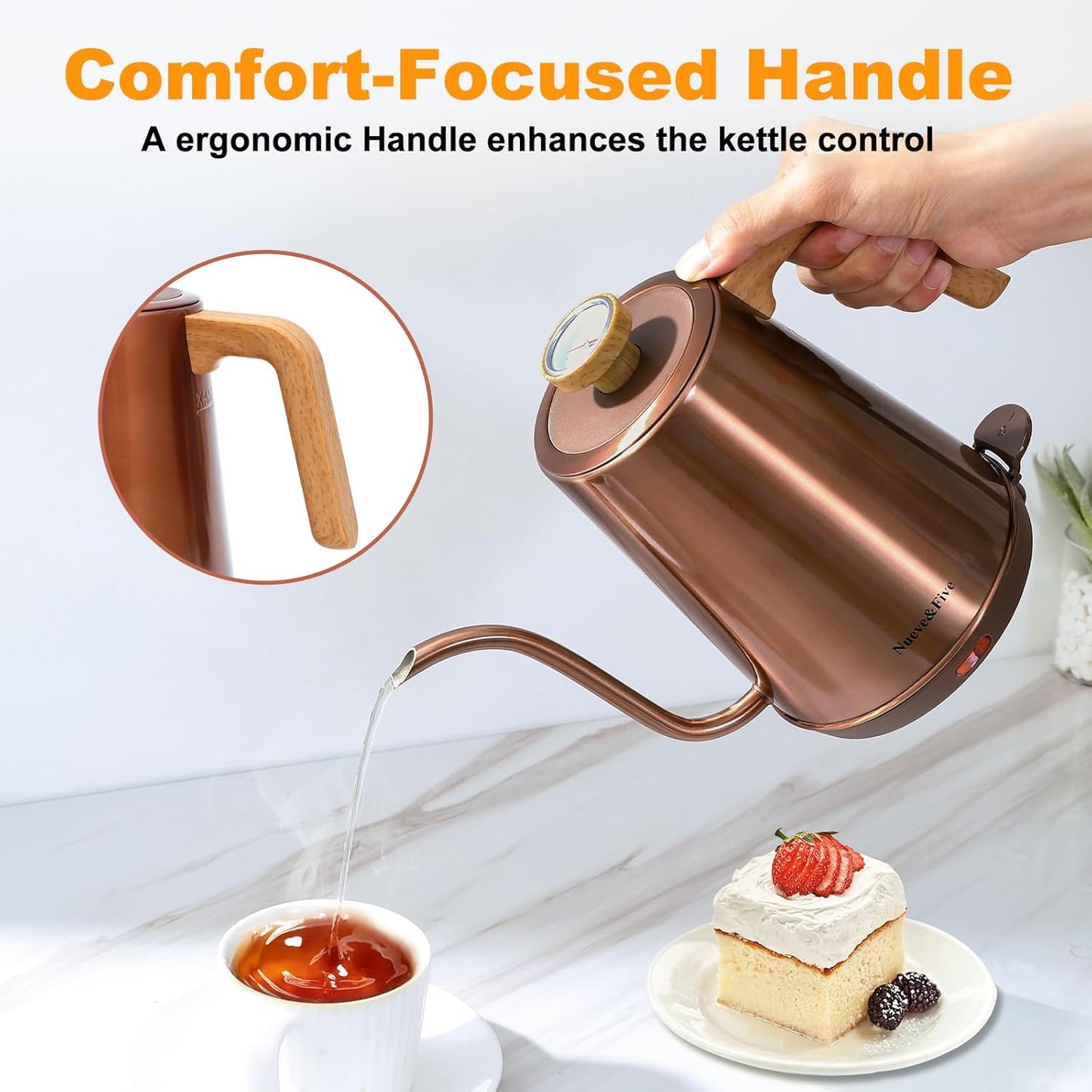 Nueve&Five Gooseneck Electric Kettle with Thermometer, Copper Tea Kettle with Auto Shut-Off,1000W Hot Water Kettle Electric of Stainless Steel,Electric Kettles for,Coffee & Tea