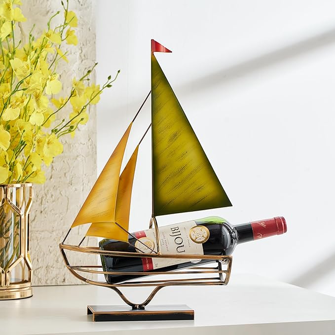 Metal Sailboat Wine Rack for Countertop – Decorative Wine Bottle Holder for Kitchen Bar Dining Table, Boat Sculpture Wine Stand Nautical Home Decor (Gold and Green)