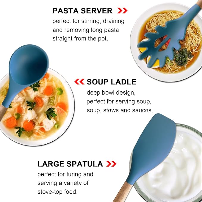 Silicone Cooking Utensils Set 6Pcs Heat Resistant Silicone Kitchen Utensils Set for Cooking Spatula Spoon Turner Ladle w Wooden Handle, BPA FREE Kitchen Gadgets for Nonstick Cookware & Baking