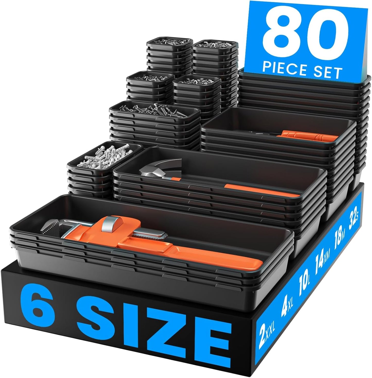 A-LuGei【4008 cu in Tool Box Organizer,【Upgraded to 6 Size】 Black Garage Organization and Storage Tray Divider Set, Desk Drawer Organizer, Toolbox for Tool Chest Cart WorkBench Small Parts Widget