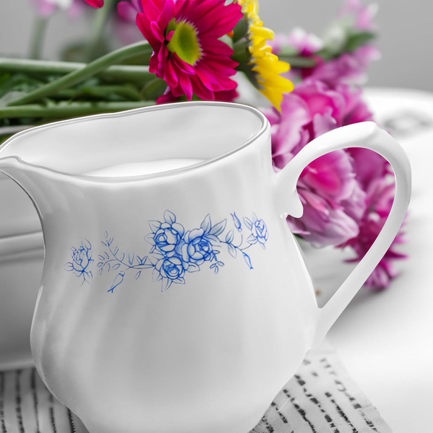 Sugar and Creamer Set - Porcelain Sugar and Creamer Floral Vintage Tea Set with Silver Trims & Embossed Swirls - Exquisite Fine China Tea Set for Parties & Celebrations - Royal Rose Set by Lynns