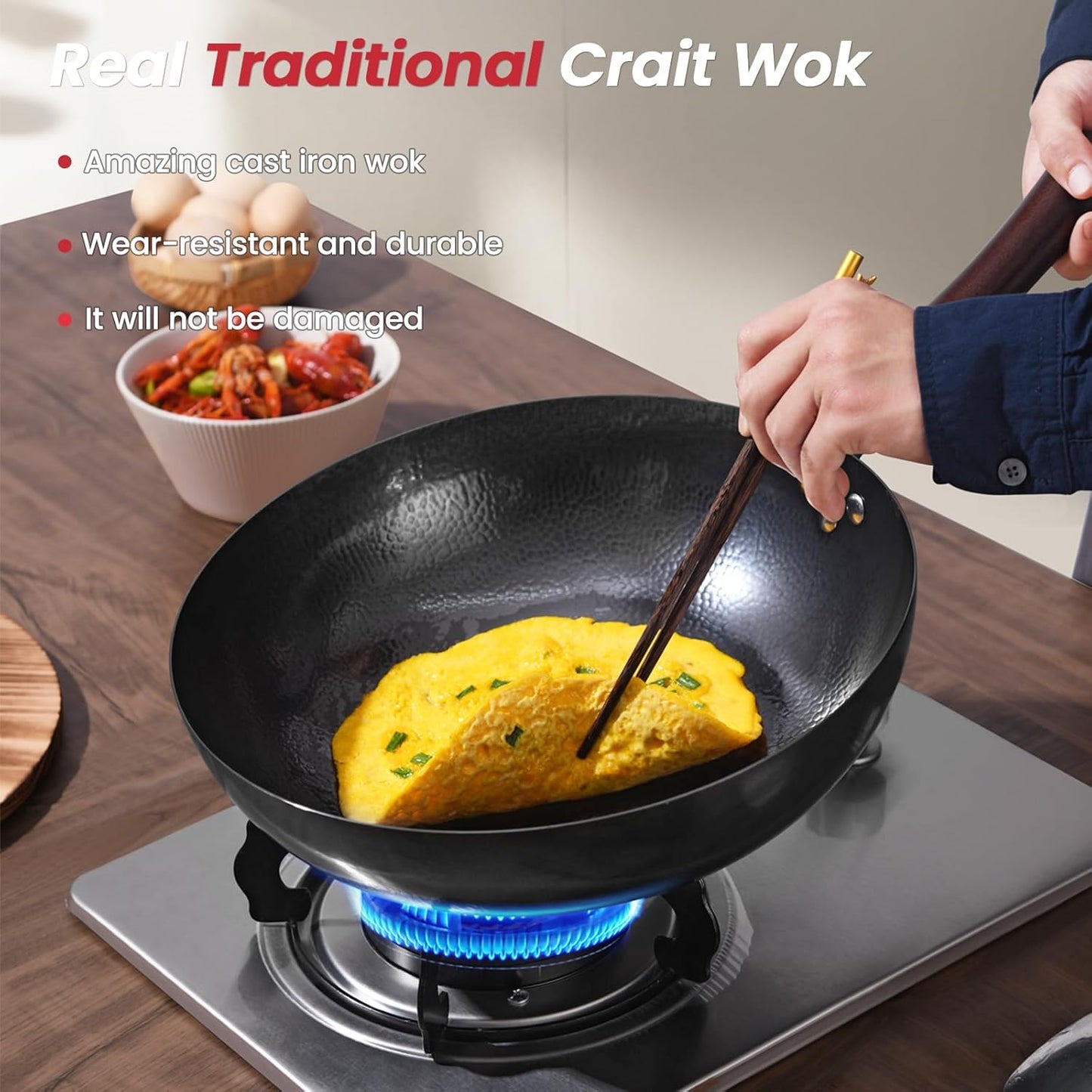 Carbon Steel Pan, 12.5″ Woks & Stir-Fry Pans with Wooden Lid Cookwares, Nonstick Wok, No Chemical Coated Flat Bottom Hand Hammered Chinese Wok For Gas