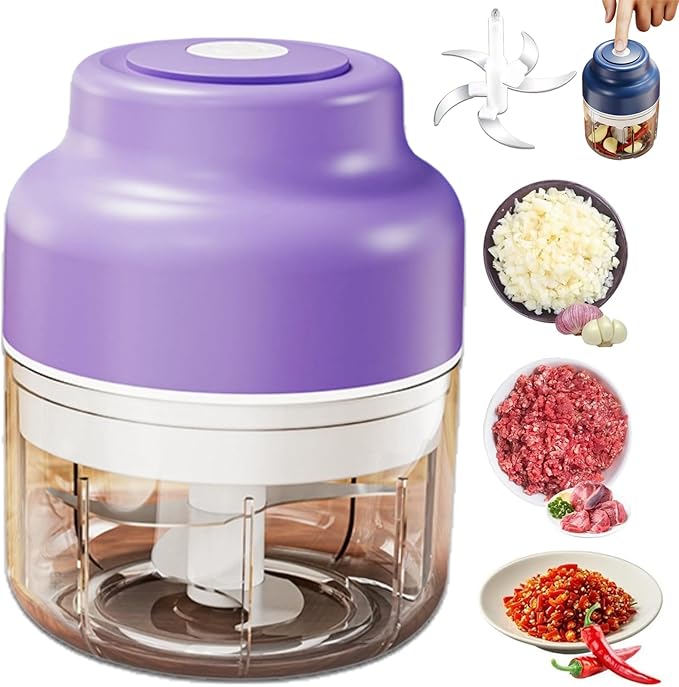 Electric Garlic Chopper, Mini Portable Veggie Chopper, 4/6 Stainless Steel Blades Small Food Processor with USB Rechargeable Wireless, One-Touch Operation for Garlic, Onion & Vegetables (C,Six knives)