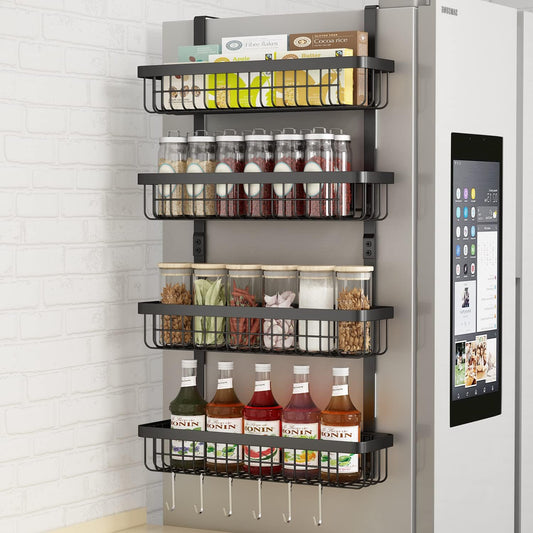 Warome Magnetic Spice Rack for Refrigerator, 4 Pack Shelves with 6 Utility Hooks, Kitchen Organization and Storage Gadgets
