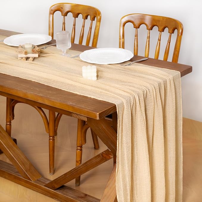Socomi 3pcs Beige Cheesecloth Table Runner Fall Thanksgiving Gauze 120 Inch Rustic Boho Cheese Cloth Runner for Wedding Party Baby Bridal Shower Centerpiece Decoration Holiday Home Decorations