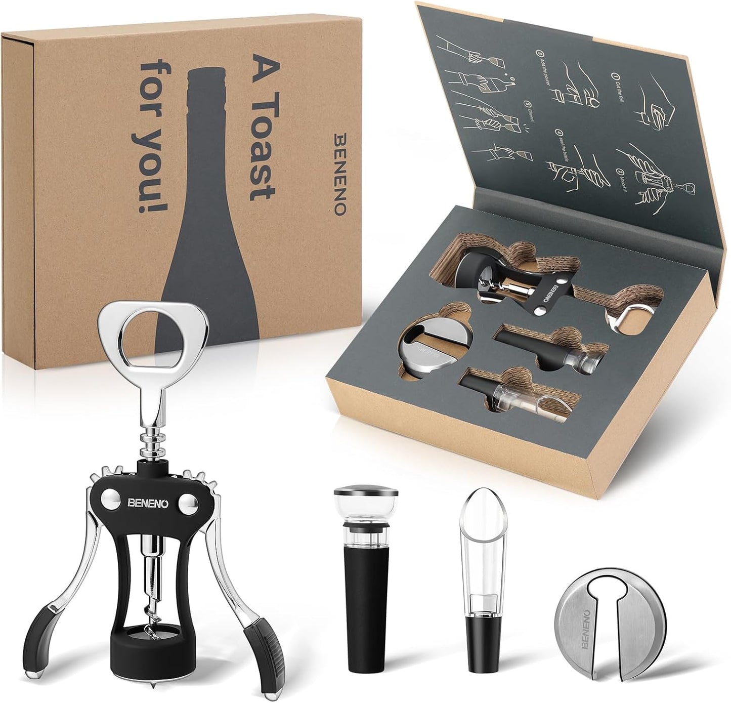 Beneno Multifunctional Wine Bottle Opener Gift Set - Wing Corkscrew, Foil Cutter, Vacuum Stopper & Aerator Pourer, Perfect for Wine Lovers Man Woman, Black Set