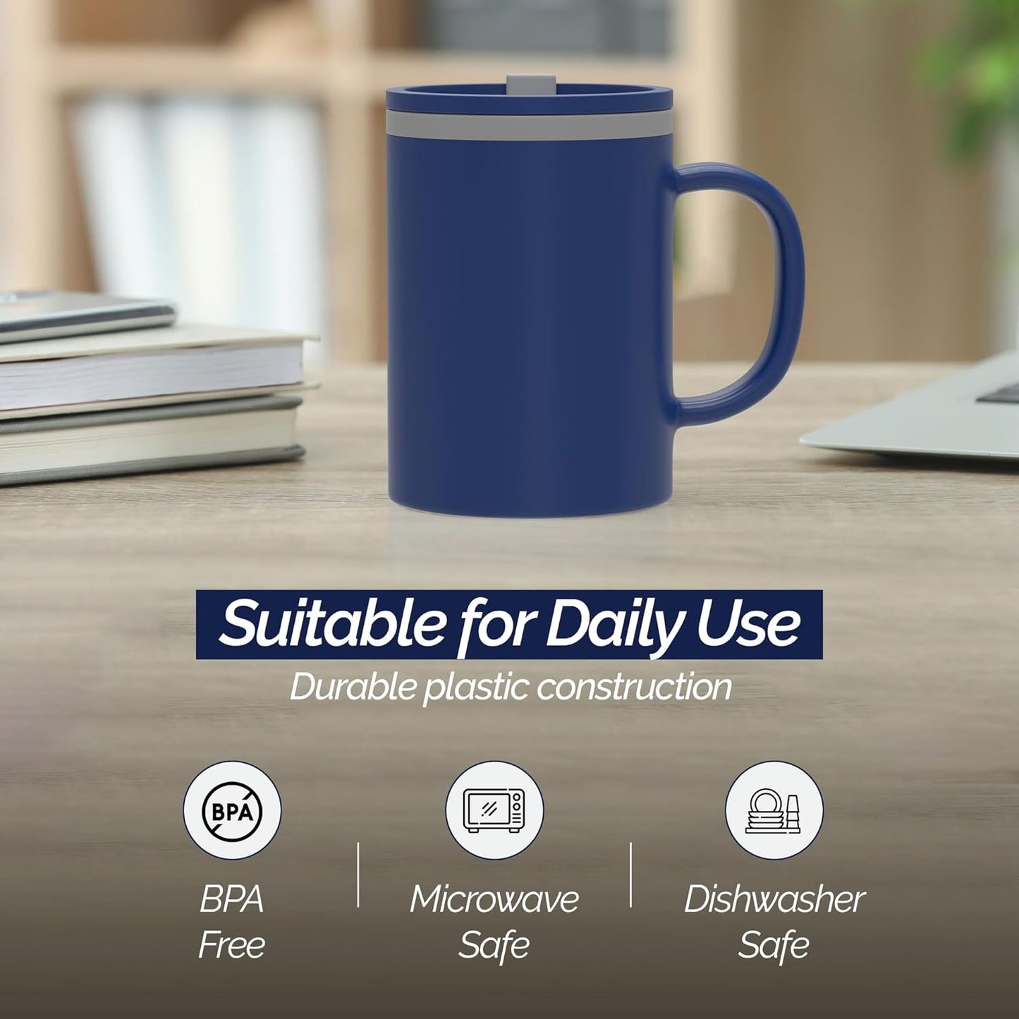 Copco Iconic 16oz Double Wall Insulated Desk Mug with Lid and Handle, Set of 2, BPA-Free Reusable Plastic, Spill-Proof, Microwave & Dishwasher Safe, Wide Mouth, Cup Holder Friendly (Navy/Blue)