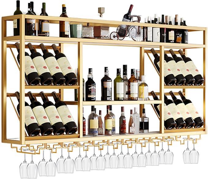 Wall Mounted Wine Racks with Glass Holder, 3 Tier Wine Storage Display Rack, Floating Rustic Metal Bar Liquor Shelves, for Home Bar, Wine Kitchen Storage (Gold, 47.24x27.55x9.8in)