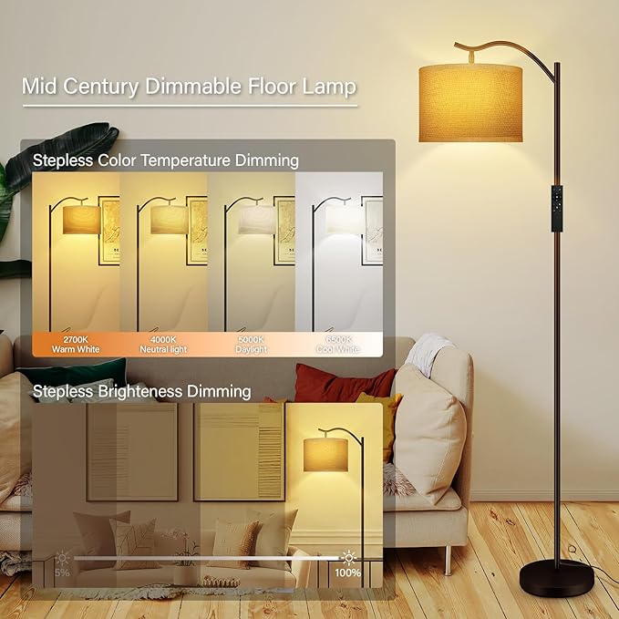 BoostArea Floor Lamp for Living Room,Arc Floor Lamp with Remote Control,Stepless Dimmable Brightness & Colors Temperature 2700k-6500k,Modern Standing Lamp for Bedroom Study Room Office,Jute