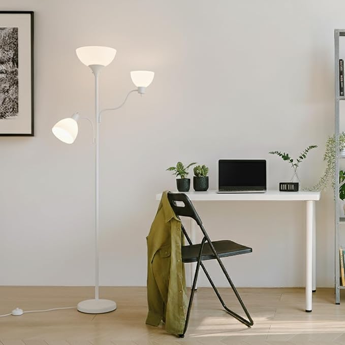 Brightech Sky Dome Double – High Brightness Torchiere Floor Lamp with 2 Reading Lights for Living Rooms, Bedrooms – Replace Halogen Standing Lamps with Efficient LED Office Lighting - Tall White Pole