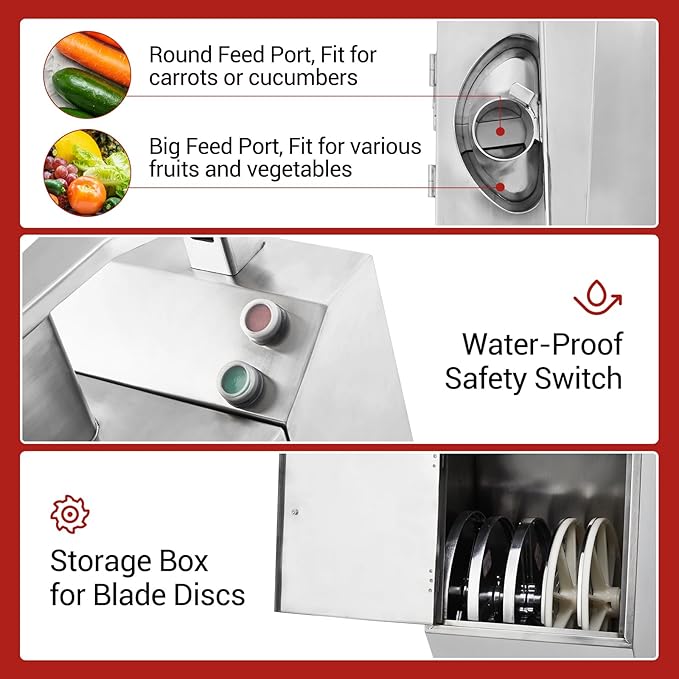 Heavy Duty Commercial Food Processor - 3mm/4mm/7mm Shred & 2mm/4mm Slice Blades, Stainless Steel Electric Food Chopper for Restaurant, Hotel, Kitchen