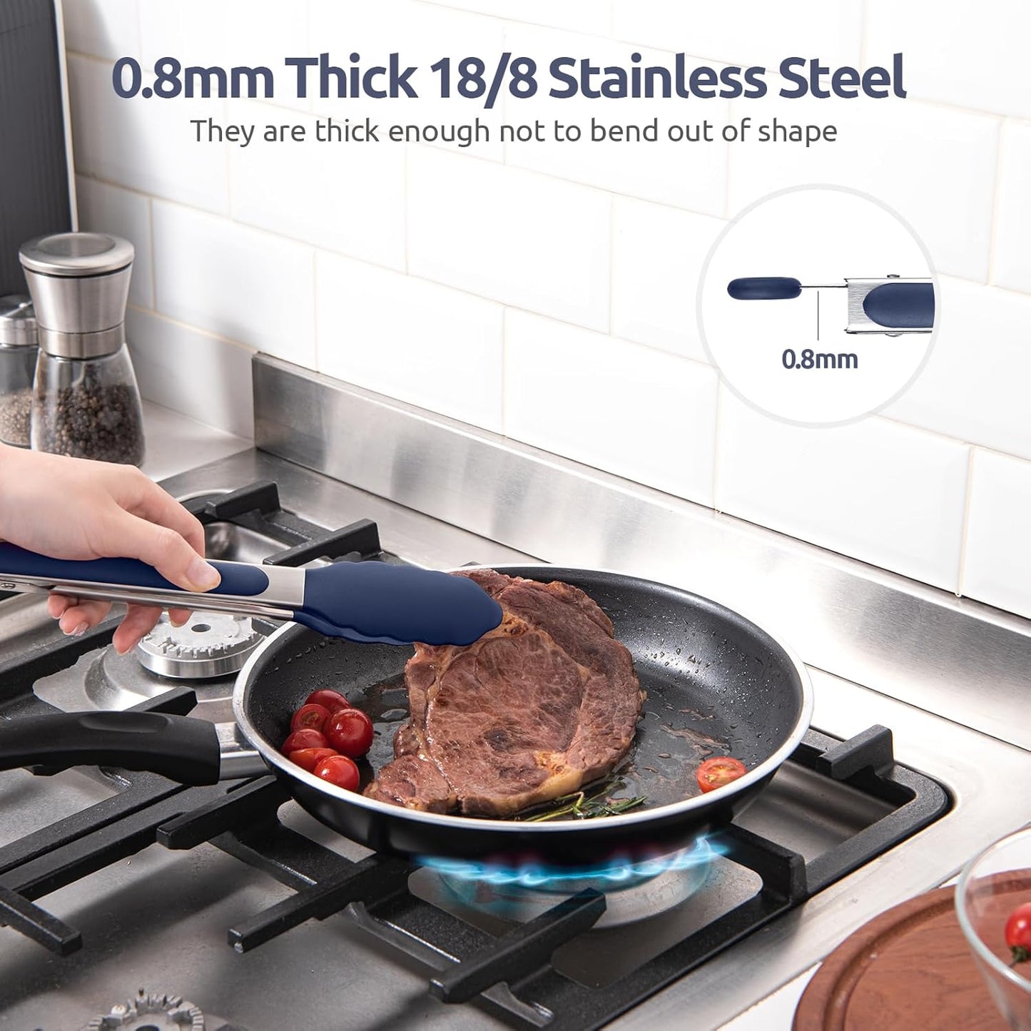 Heat Resistant Silicone Kitchen Tong: U-Taste 9 inch 480ºF Hot Proof Cooking Tong with Firm Sealed Non Stick Rubber Tips & Silicon Coated Steel Handle & Smooth Locking for Serving Grill(Midnight Blue)