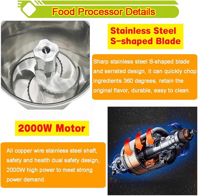 12L Commercial Food Processor Stainless Steel Electric Meat Vegetable Chopper Multifunctional Food Cutter Meat Grinder Meatball Beater 2000W Blender for Fruit Vegetable Grains Garlic
