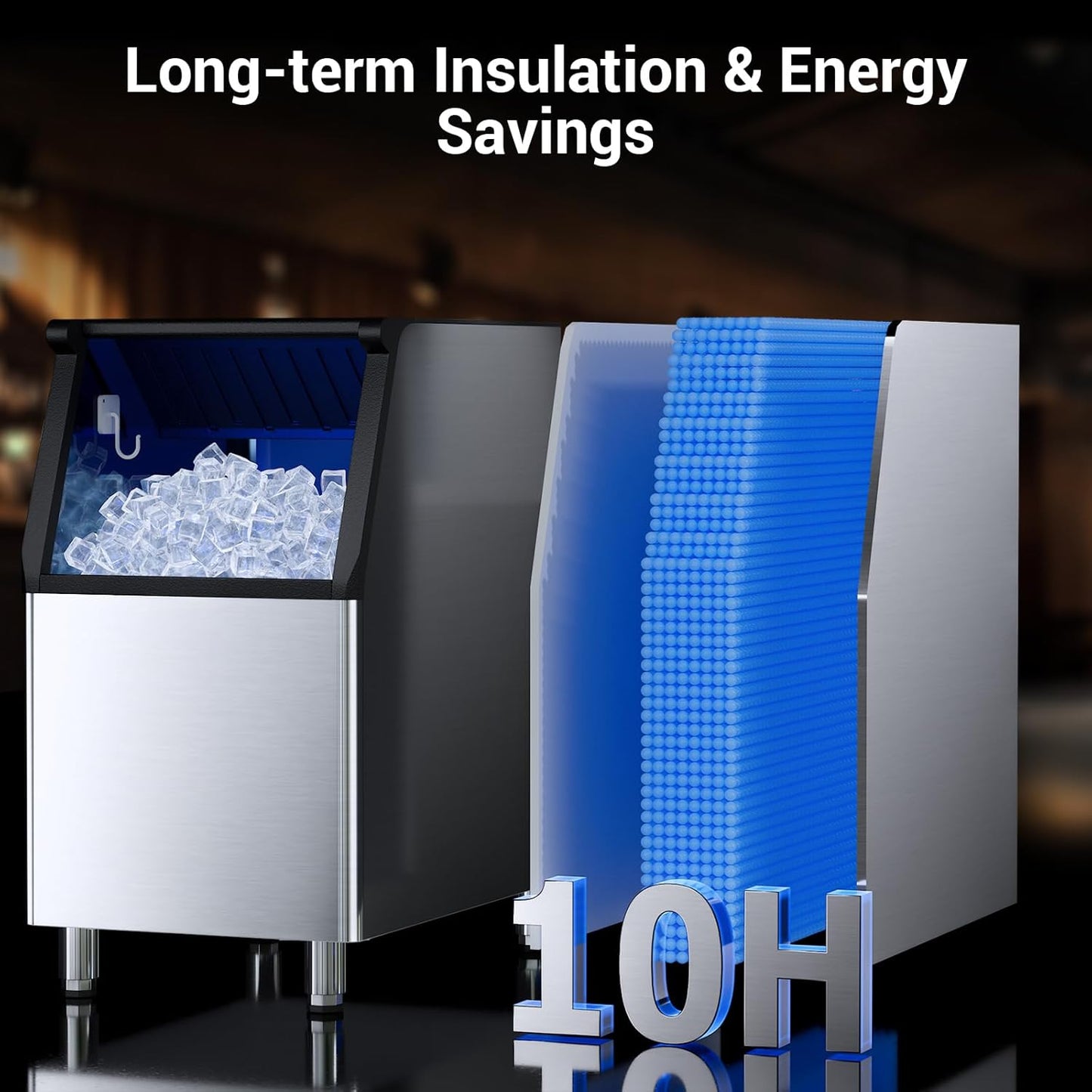 Commercial Ice Machine Maker 600lbs/24H, Ice Ready in 5-15 min, 400lbs Large Storage Bin, Stainless Steel Ice Machine with Water Line Hookup, 12 Adjustable Ice Thicknesses