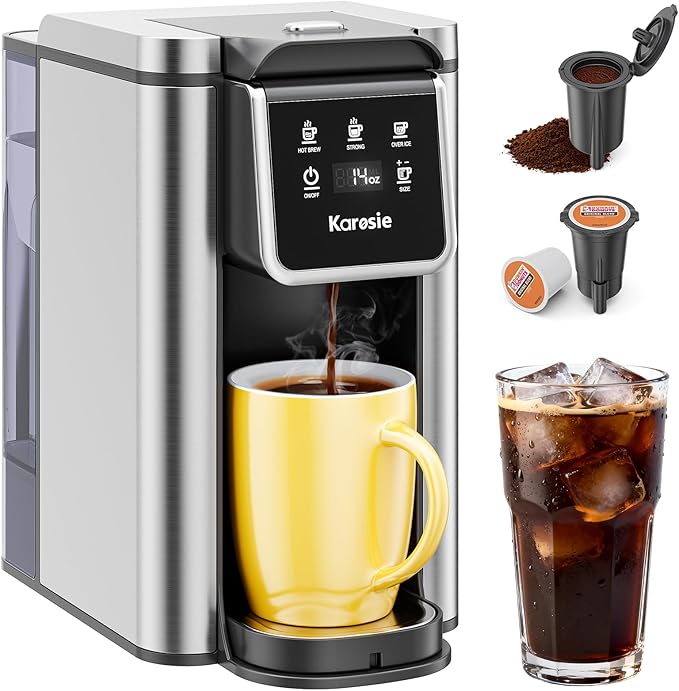 Single Serve Coffee Maker for K-Cup and Grounds, 6-14 oz Brew Sizes Hot & Iced Coffee Maker, Strong Brew Setting, 50 oz Removable Tank, Descaling Reminder, Stainless Steel,Black