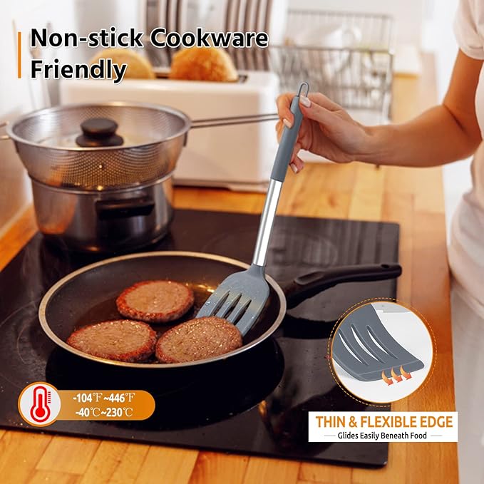 Cooking Utensils Set of 4, E-far Silicone Kitchen Utensils for Non-stick Cookware, Heat Resistant & Non-toxic Slotted Spatula Solid Spoon Turner for Flipping Mixing Serving Basting(Grey)