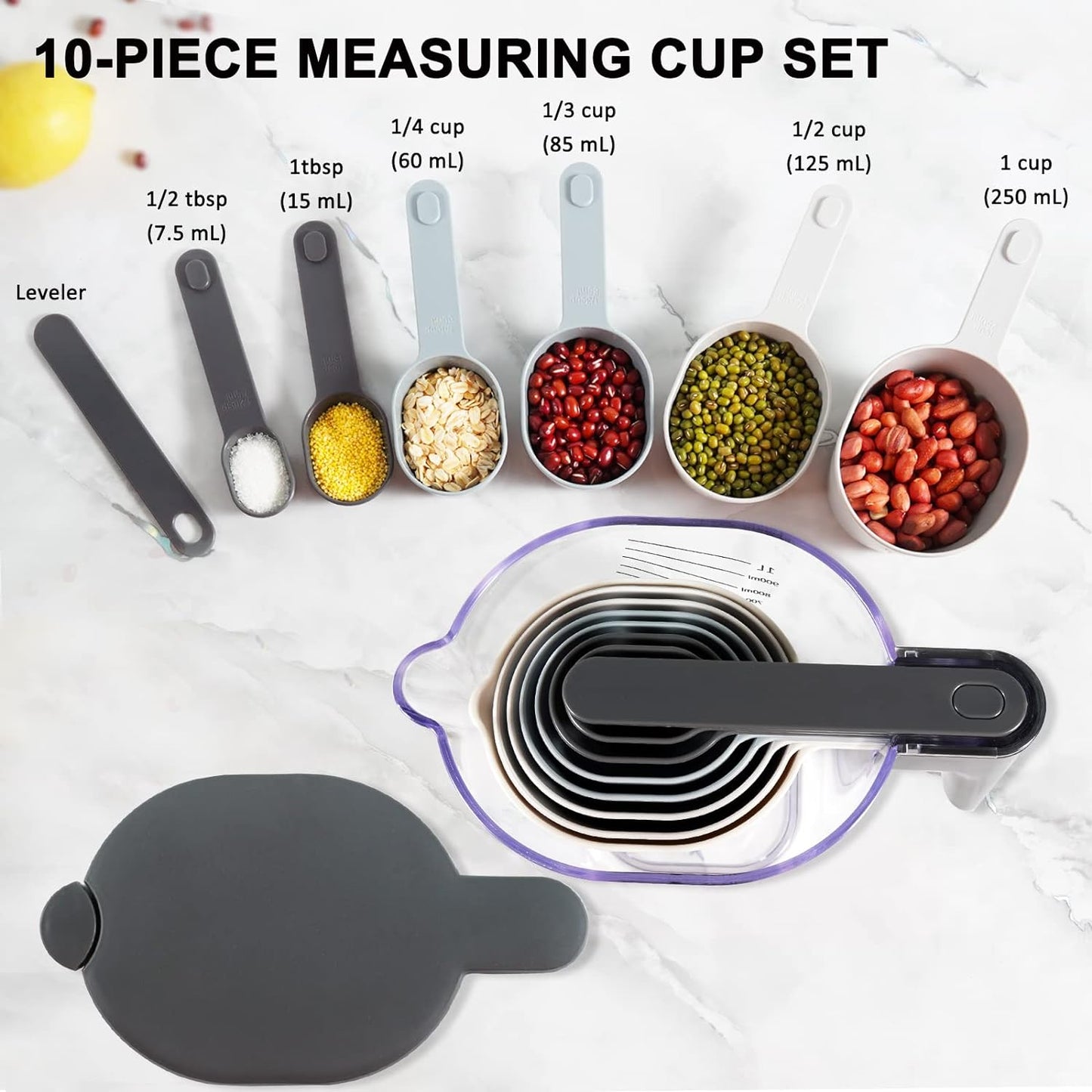 18 Pieces Measuring Cups and Spoons set, Includes 10 Stackable Measuring Cup with Lid and 8 Magnetic Measuring Spoons, for Liquid and Dry Ingredient, BPA Free (Golden)