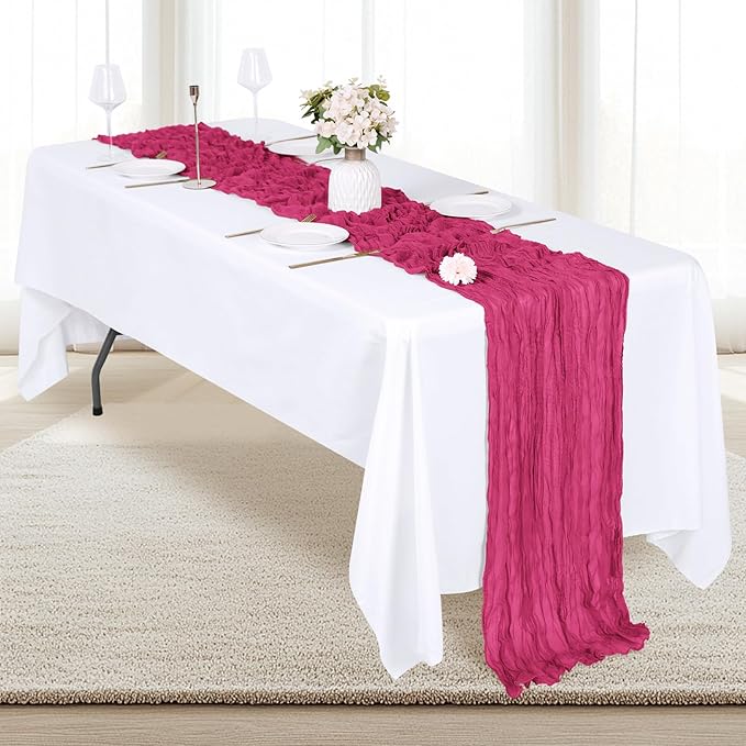 6 Pack Hot Pink Cheesecloth Table Runner 17x108 Inch Semi Sheer Boho Gauze Cheese Cloth Fabric Table Runners, for Wedding Party Baby Shower Birthday Home Decor Garden Farmhouse