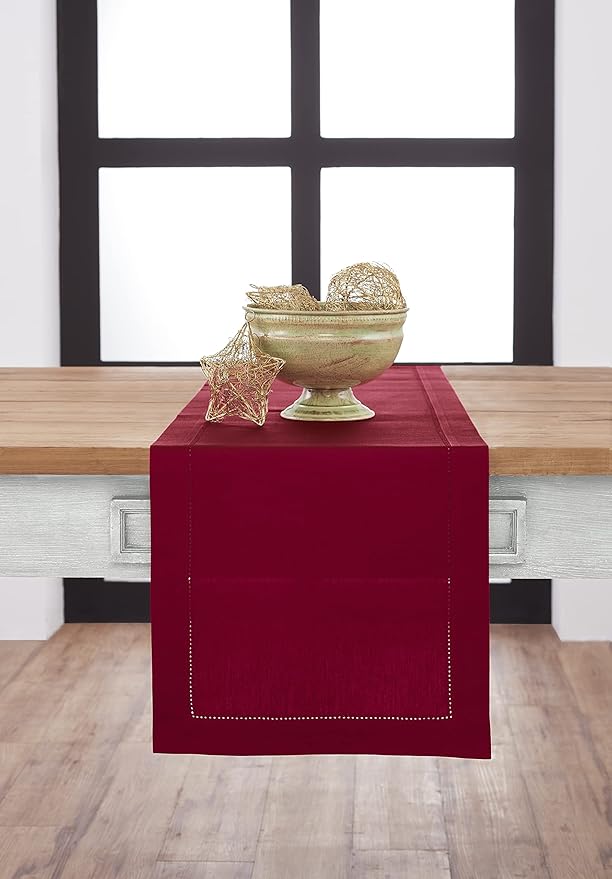 Solino Home Cotton Linen Red Table Runner 120 Inches Long - Hemstitch 14 x 120 Inch Table Runner for Winter, Christmas, Holiday, New Year