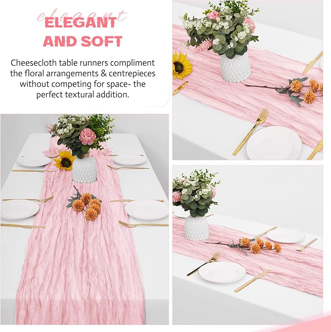 Aktor 12 Pack Pink Cheesecloth Table Runner 10Ft Gauze Table Runner Boho Semi Sheer Cheese Cloth Fabric Runners for Wedding Birthday Baby Shower Party Table Decoration（Pink）