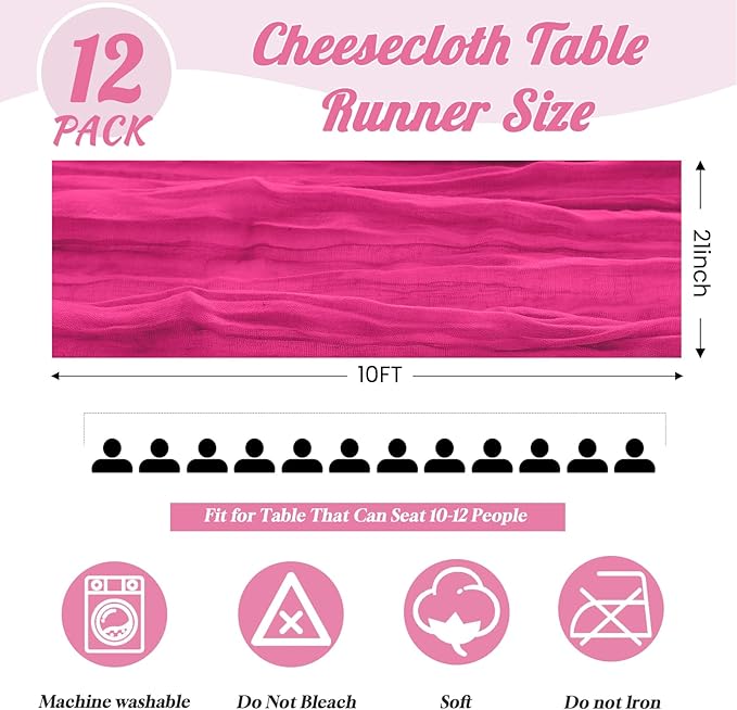12 Pack Hot Pink Table Runners 10FT Cheesecloth Table Runner 21 x 120 inch Boho Gauze Cheese Cloth Table Runner Rustic Sheer Table Runners for Party Wedding Bridal Baby Shower Birthday Table Decor