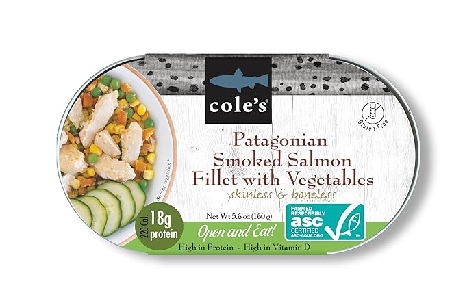 COLE’S - Patagonian Smoked Salmon Fillet with Vegetables| Ready to Eat Meal | 5.6 oz Canned & Hand-Packed | 19g Protein | High in Vitamin D | 1 Unit