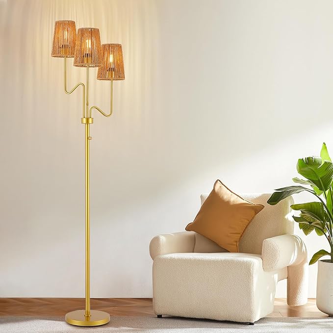 9MMML Gold Farmhouse Boho Dimmable Floor Lamp with Rattan Shade, 68'' Tall Floor Standing Lamp, 3-Light Floor Lamp for Living Room, Bedroom, Office, Corner