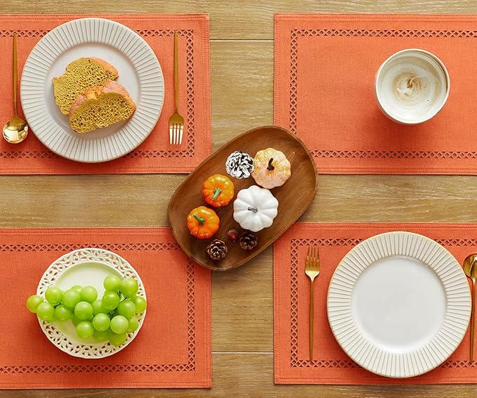 Fall Placemats Set of 4, 12 x 18 Inch Rustic Geometric Hollow Place Mats, Orange Heat Resistant Placemats for Autumn Thanksgiving Farmhouse Table Decor, Orange 4PCS