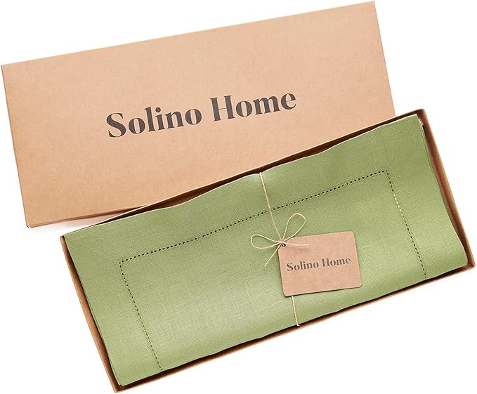 Solino Home Linen Moss Green Table Runner 132 Inches Long - 100% Pure Linen Extra Long Table Runner 14 x 132 Inch - Classic Hemstitch