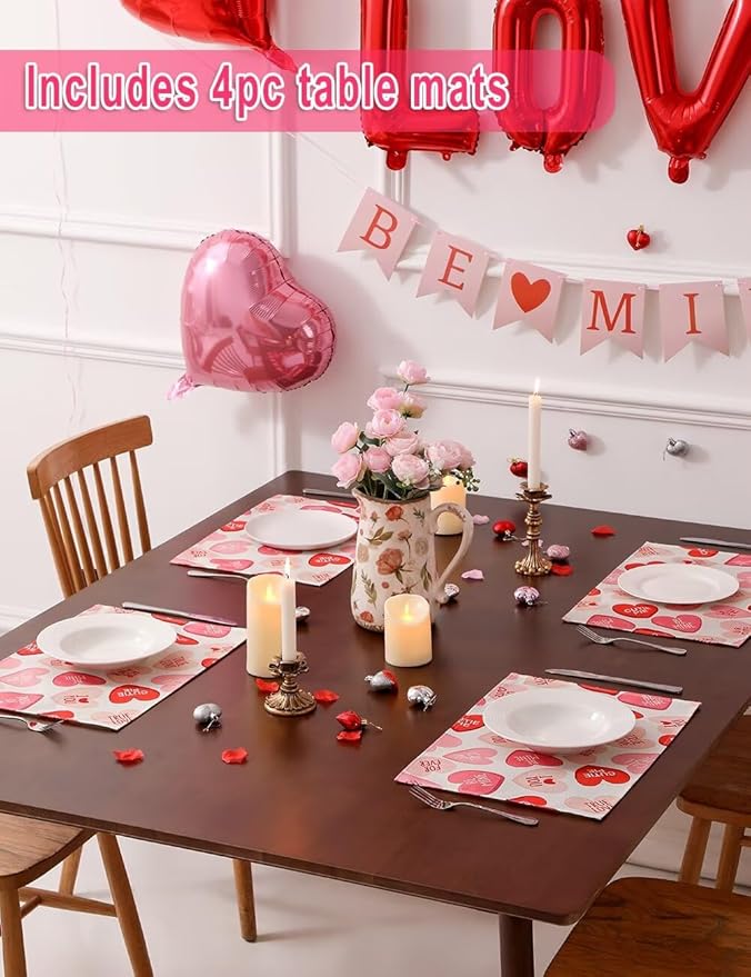 Pink Ture Love Heart Valentine's Day Table Runner 13"x72" & 4 Pcs 12"x18" Placemats Sets with 12 Heart Balloons, Love Letter Balloons, Stickers & Blowing Straw for Home Party Decor