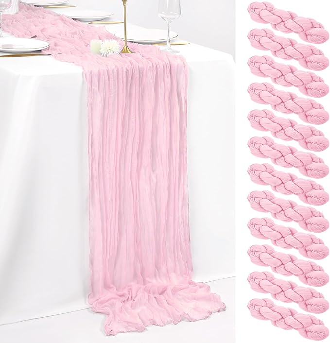 12 Pack 10Ft Light Pink Cheesecloth Table Runner 35 x 120 inch Boho Gauze Cheese Cloth Table Runner Vintage Rustic Sheer Runners for Wedding Bridal Shower Birthday Party Cake Table Decorations