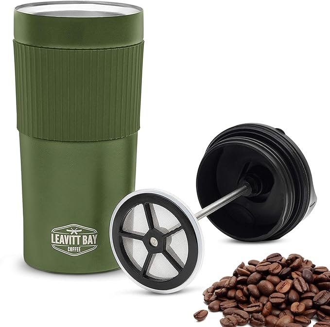 Portable French Press Travel Mug – Insulated Stainless Steel French Press Mug for Hot or Cold Brew – Durable Travel Coffee Maker – On-the-Go Tea & Coffee Maker (Army Green)