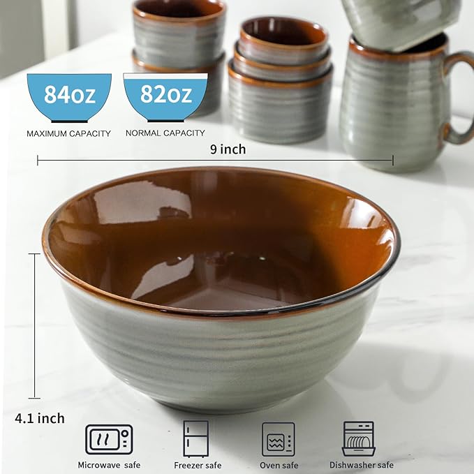 MEKY 84oz Serving Bowls, Ceramic Mixing Bowls Set of 2, 9 Inch Large Kitchen Bowls for Prep Baking Salad Pasta Ramen, Microwave & Dishwasher Safe, Durable for Daily Cooking & Entertaining, Brown