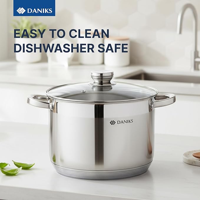 Daniks Standard 10 Quart Stainless Steel Stock Pot with Glass Lid, Try-Ply Bottom for Even Heating, Induction Compatible, Dishwasher Safe, Built-In Measuring Scale, Silver