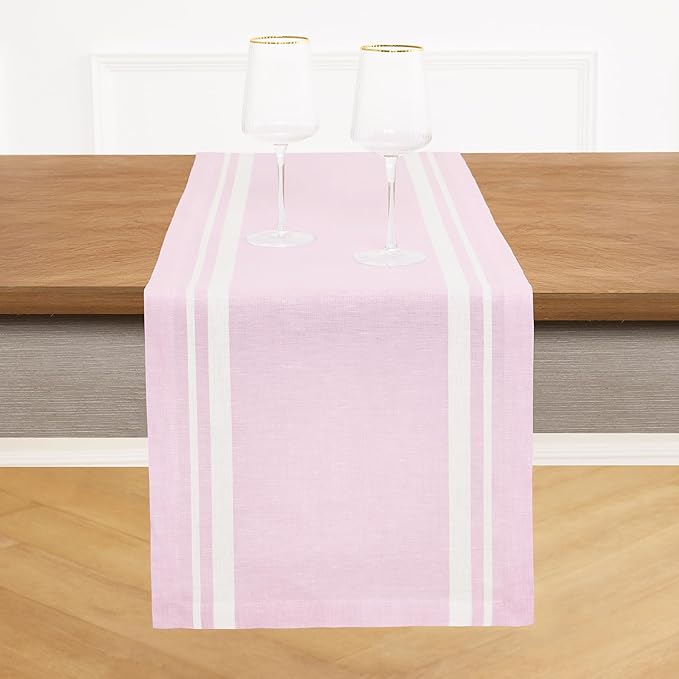 Solino Home Linen Table Runner 90 Inches Long - 100% Pure Linen White and Dusty Pink French Stripe Table Runner 14 x 90 Inch for Dining