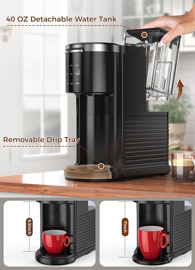 COWSAR Single Serve Coffee Maker, K Cup Coffee Brewer for Capsule and Ground Coffee, Commercial Coffee Machine with 40 Oz Water Tank, 5 Brew Sizes Up To 14 Oz, Ideal for Home/Office, Black