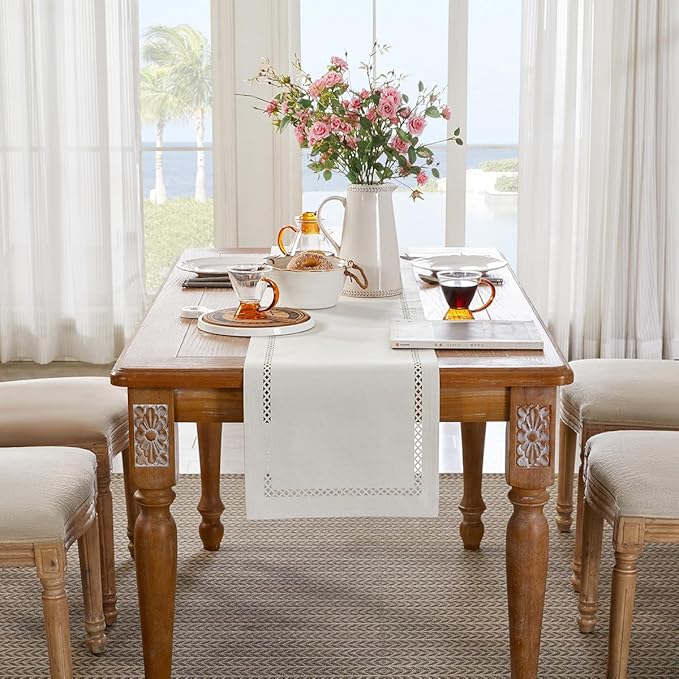 Burlap Style Farmhouse Table Runner, 13 x 108 Inch Off White, Rustic Geometric Hollow Table Runners 108 Inches Long for Dresser Table Everyday Use, 13x108 Inches, Off White