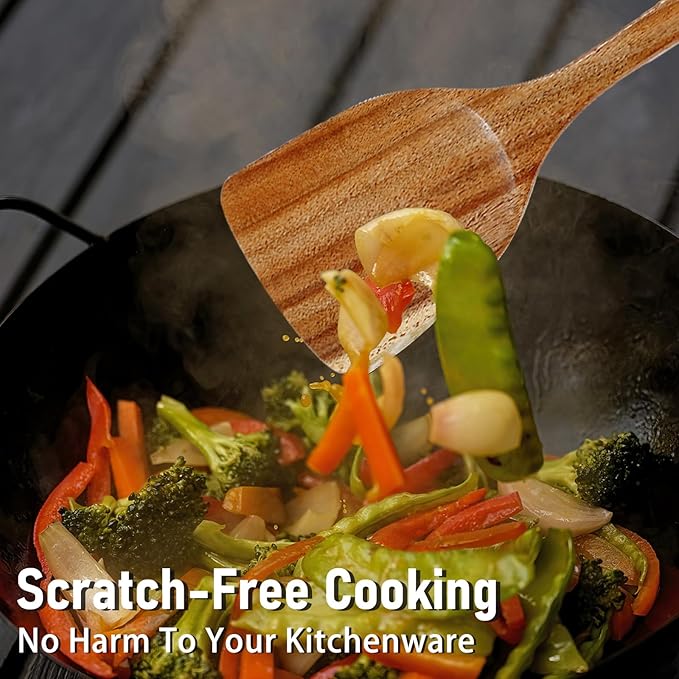 Unokit Cooking Utensils Set for Kitchen - 8 Piece Nonstick Natural Teak Wooden Spoons for Cooking, Comfort Grip Kitchen Utensils Set, Teak Wooden Utensil Set with Holder and Spoon Rest