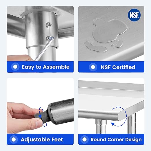Hally Stainless Steel Table for Prep & Work 18 x 60 Inches, NSF Commercial Heavy Duty Table with Undershelf and Backsplash for Restaurant, Home and Hotel