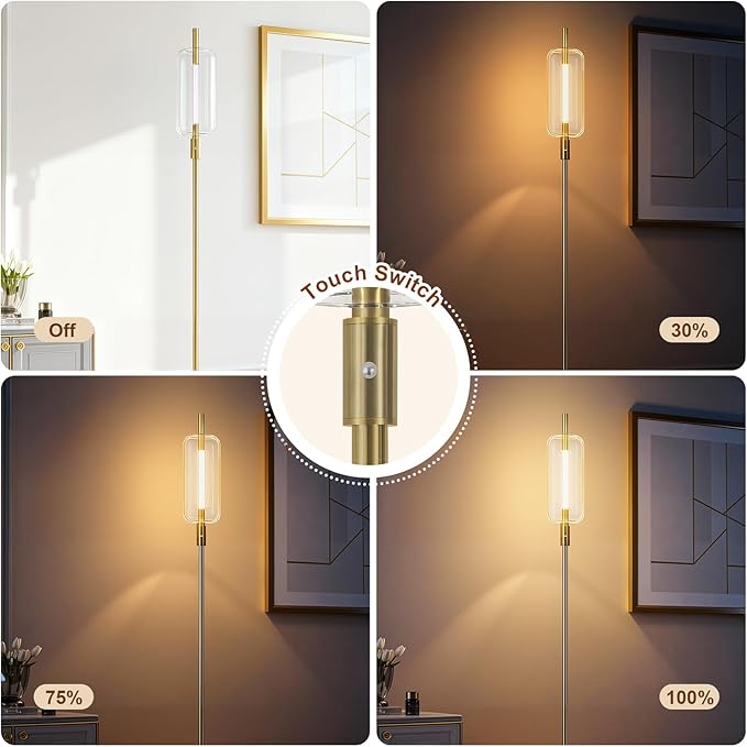 Dimmable Glass Floor Lamps for Living Room, Modern Standing Floor Lamp with Glass Lampshade, Marble Base, 64" Tall Lamp with Touch Switch for Bedroom Office Living Room