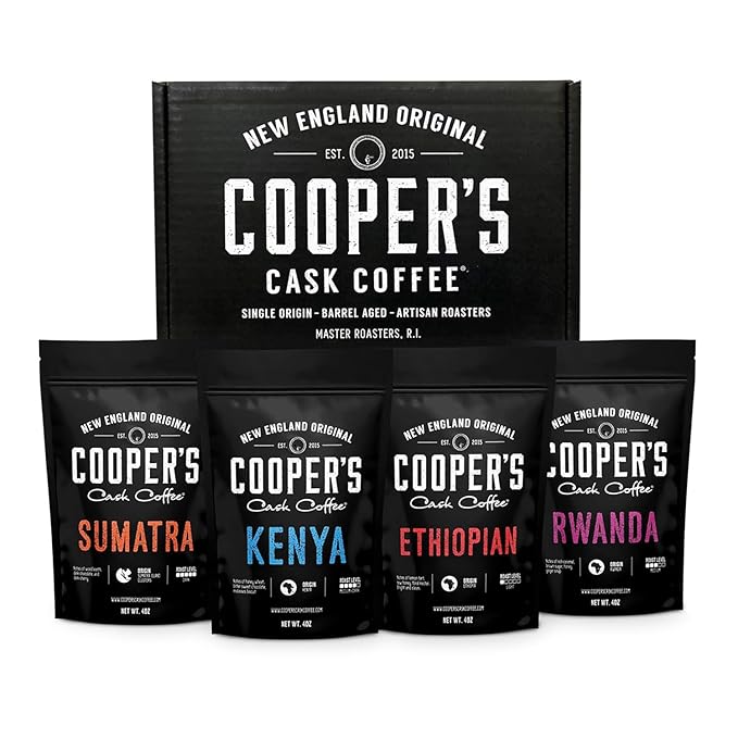Gourmet Coffee Sampler Gift Box Set, Roasted Coffee Beans, Sumatra Dark, Kenya AA Medium-Dark, Rwanda Medium, Natural Ethiopian Light, Whole Bean, 4 Bags, 16 oz Total