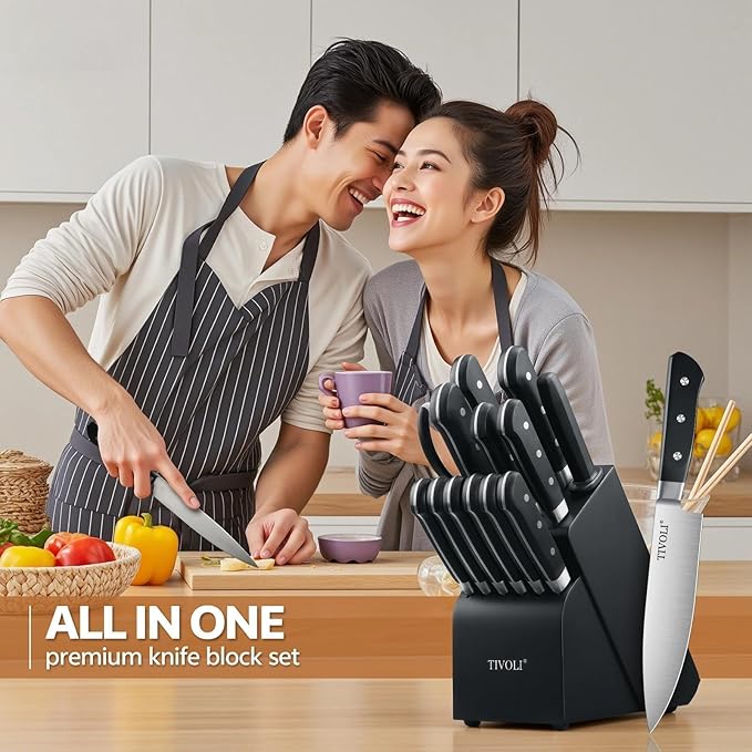 TIVOLI Knife Block Set, 15 PCS Kitchen Knife Set with Block & Honing Rod & Kitchen Scissor, High Carbon Stainless Steel Cutlery Knife Set, Ergonomic Wood Handle, Gifts For Cooks, Black