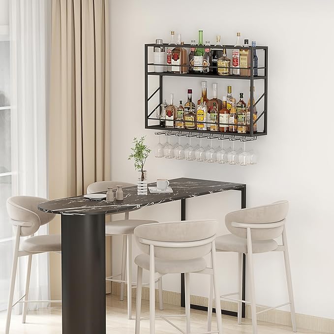 Wall Mounted Wine Rack, 2-Tier Wall Bar Shelves for Liquor Bottles, Metal Bottle Holder Wine for Wine Storage & Display for Home Bar & Dining Room (39.3×7.8×26in)