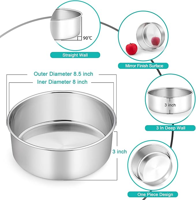 TeamFar Cake Pans, 2 PCS Stainless Steel Round 8 x 3 Inch Deep Baking Cake Pans for Wedding Birthday Party, Non-Toxic & Heavy Duty, Deep Wall & Straight Side, Dishwasher Safe