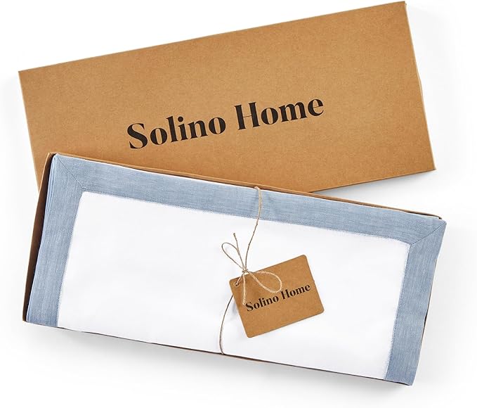 Solino Home Linen Table Runner 60 Inches - 100% Pure Linen Chambray Blue and White Small Table Runner 14 x 60 Inch Ideal for Dresser and Coffee Tables, Christmas, New Year - Classic
